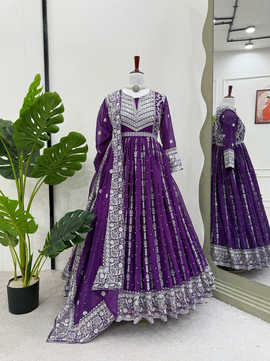 Traditional Wear Sequence Work Purple Color Gown With Dupatta