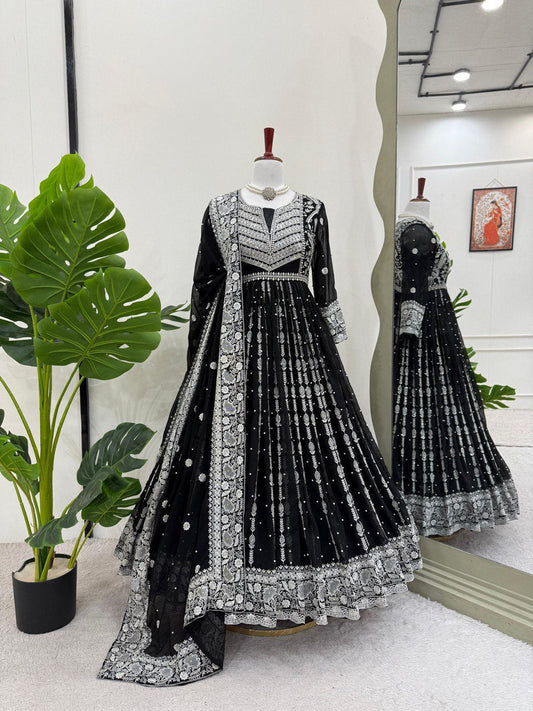 Traditional Wear Sequence Work Black Color Gown With Dupatta