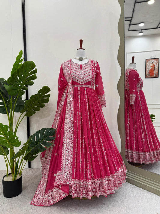 Traditional Wear Sequence Work Pink Color Gown With Dupatta