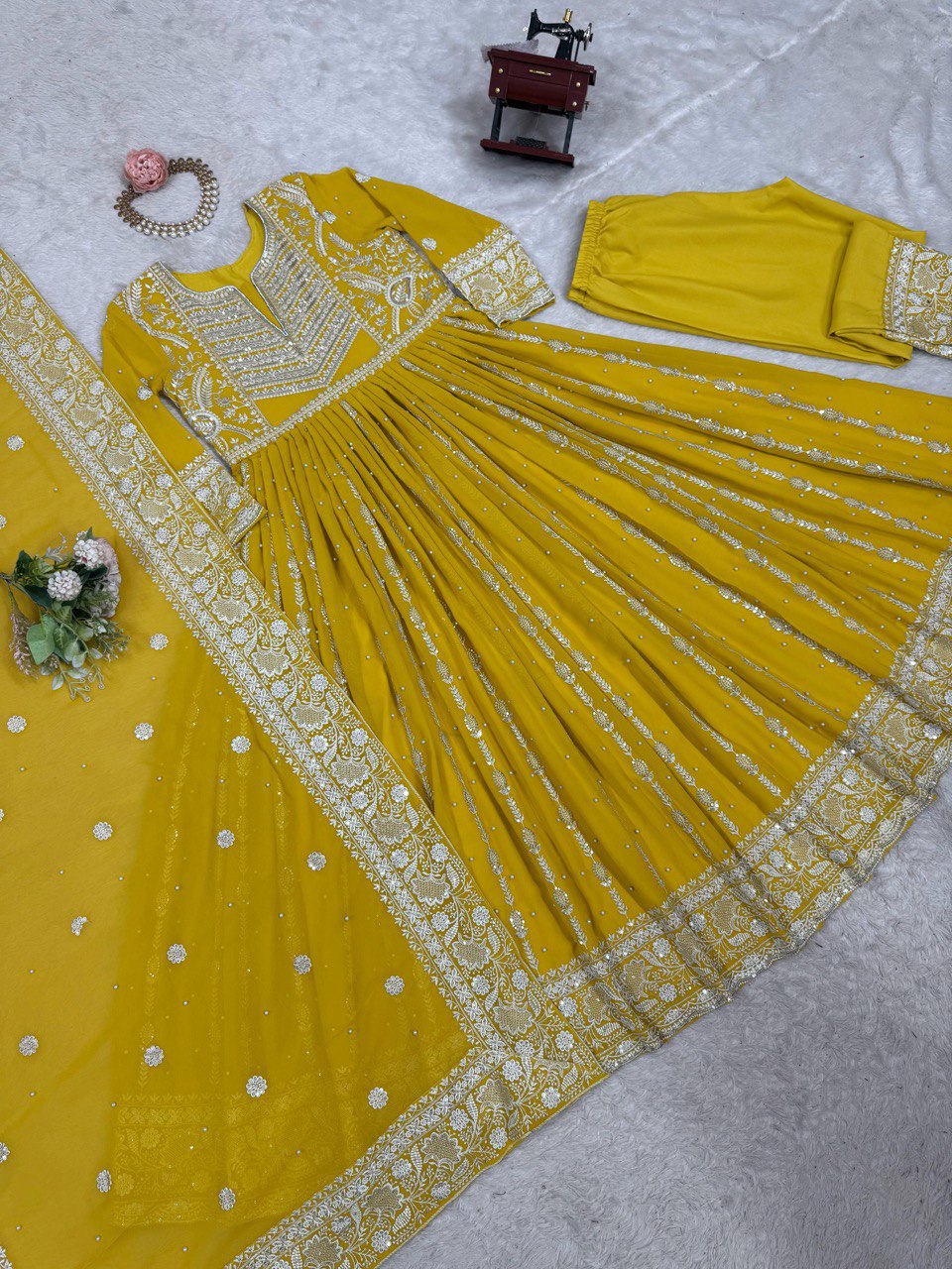 Traditional Wear Sequence Work Yellow Color Gown With Dupatta