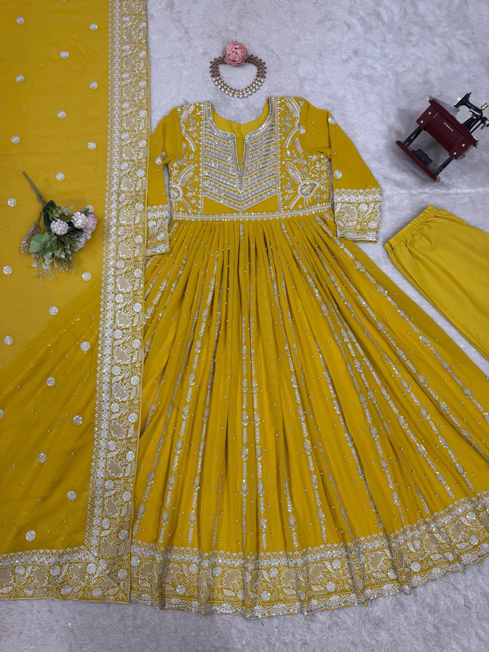 Traditional Wear Sequence Work Yellow Color Gown With Dupatta