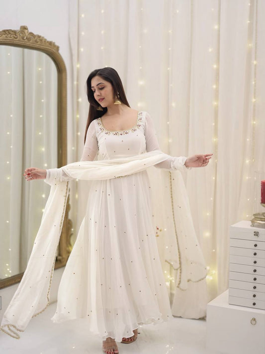 Outstanding Georgette White Color Full Sleeve Gown