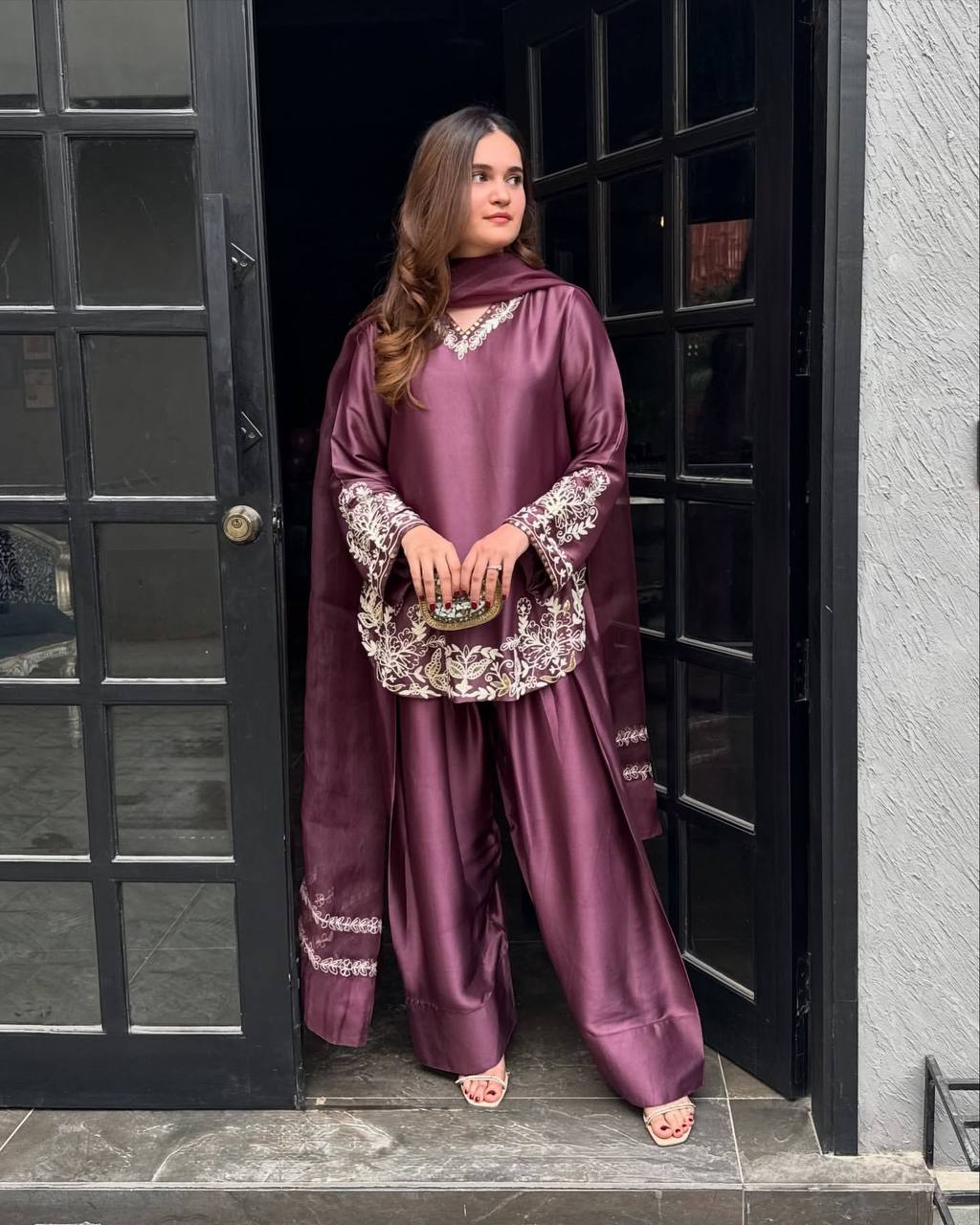 Embroidery Work Punjabi Style Wine Color Suit