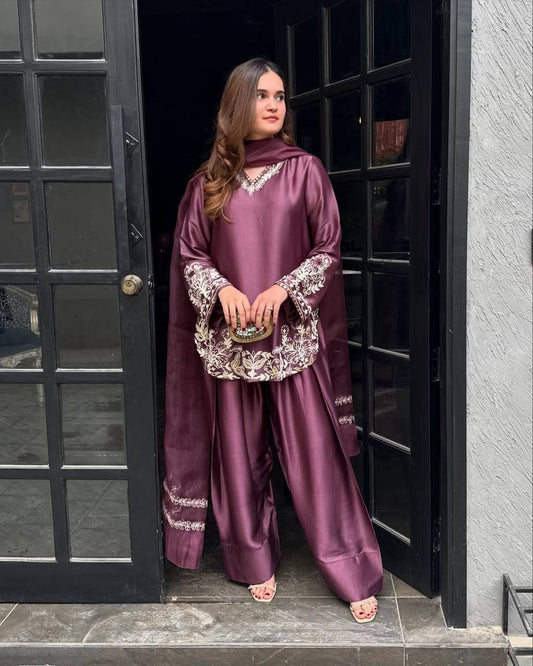 Embroidery Work Punjabi Style Wine Color Suit