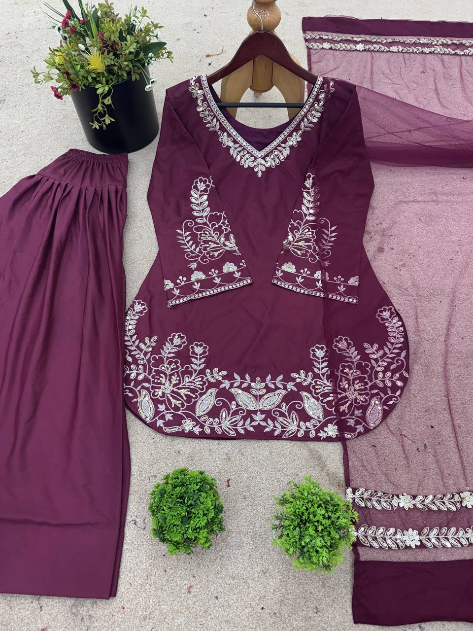 Embroidery Work Punjabi Style Wine Color Suit