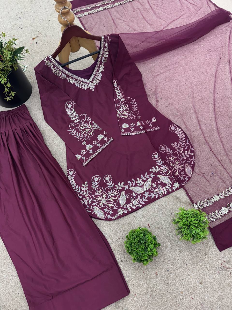 Embroidery Work Punjabi Style Wine Color Suit