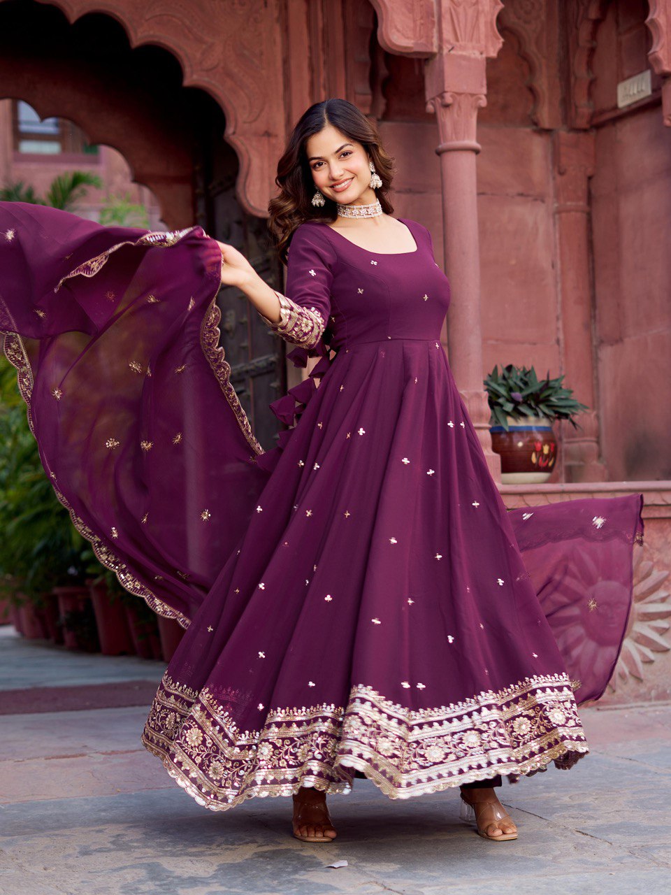 Outstanding Wine Color Georgette Gown With Dupatta