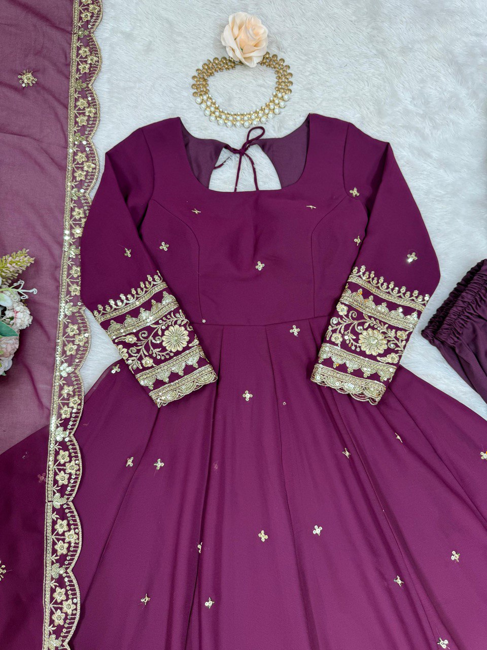 Outstanding Wine Color Georgette Gown With Dupatta