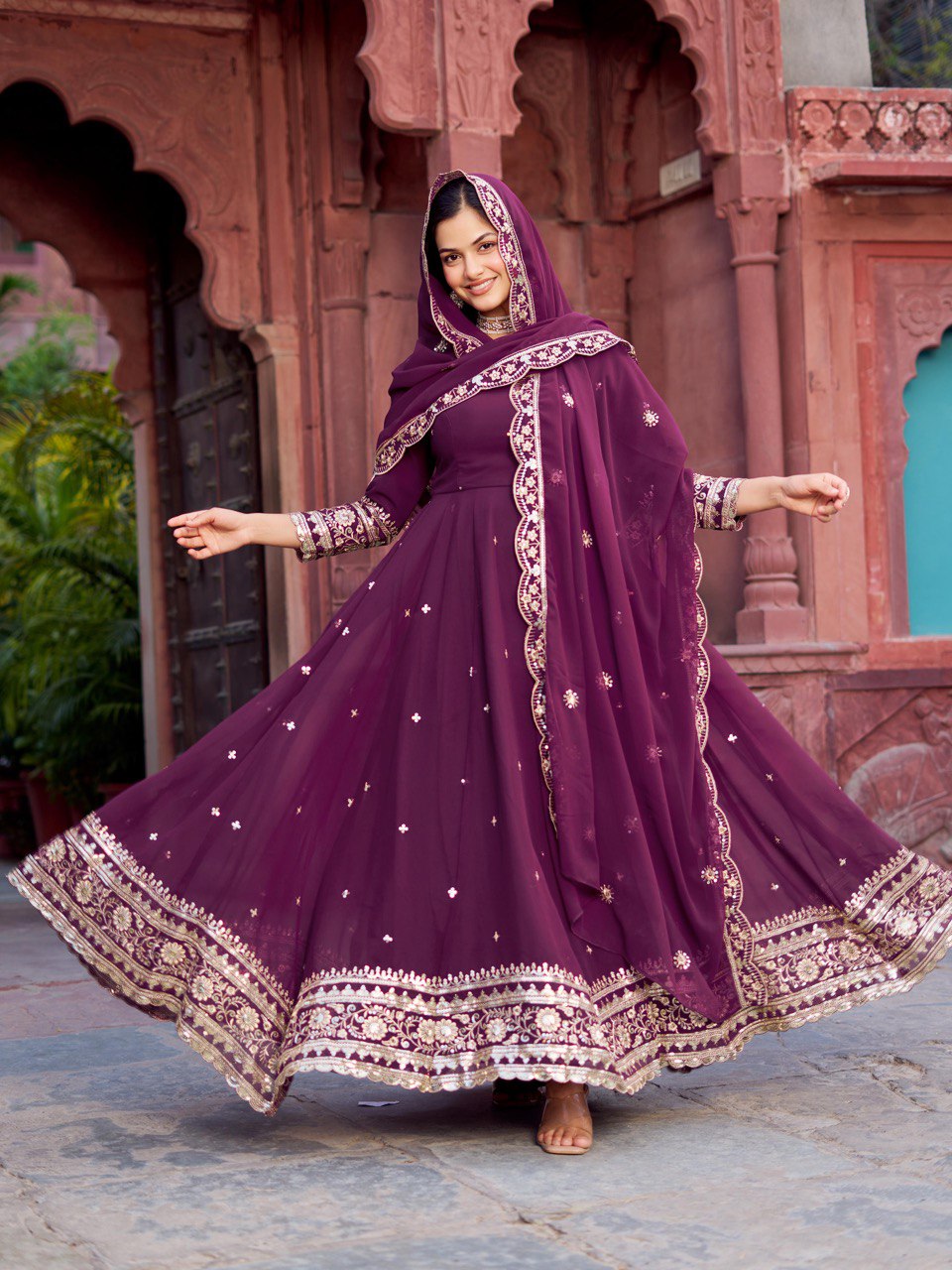 Outstanding Wine Color Georgette Gown With Dupatta