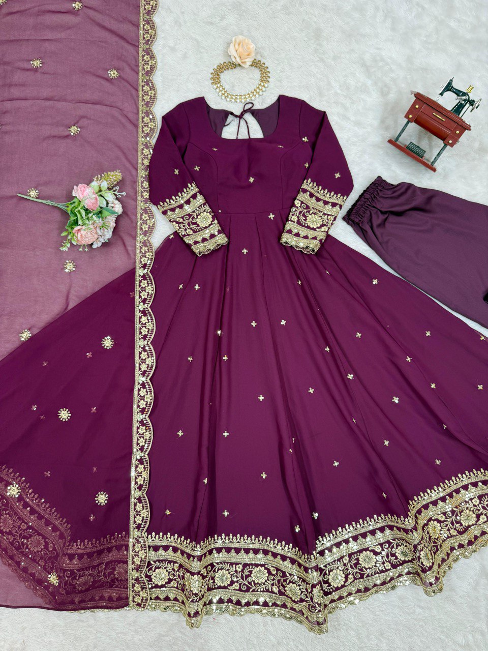 Outstanding Wine Color Georgette Gown With Dupatta