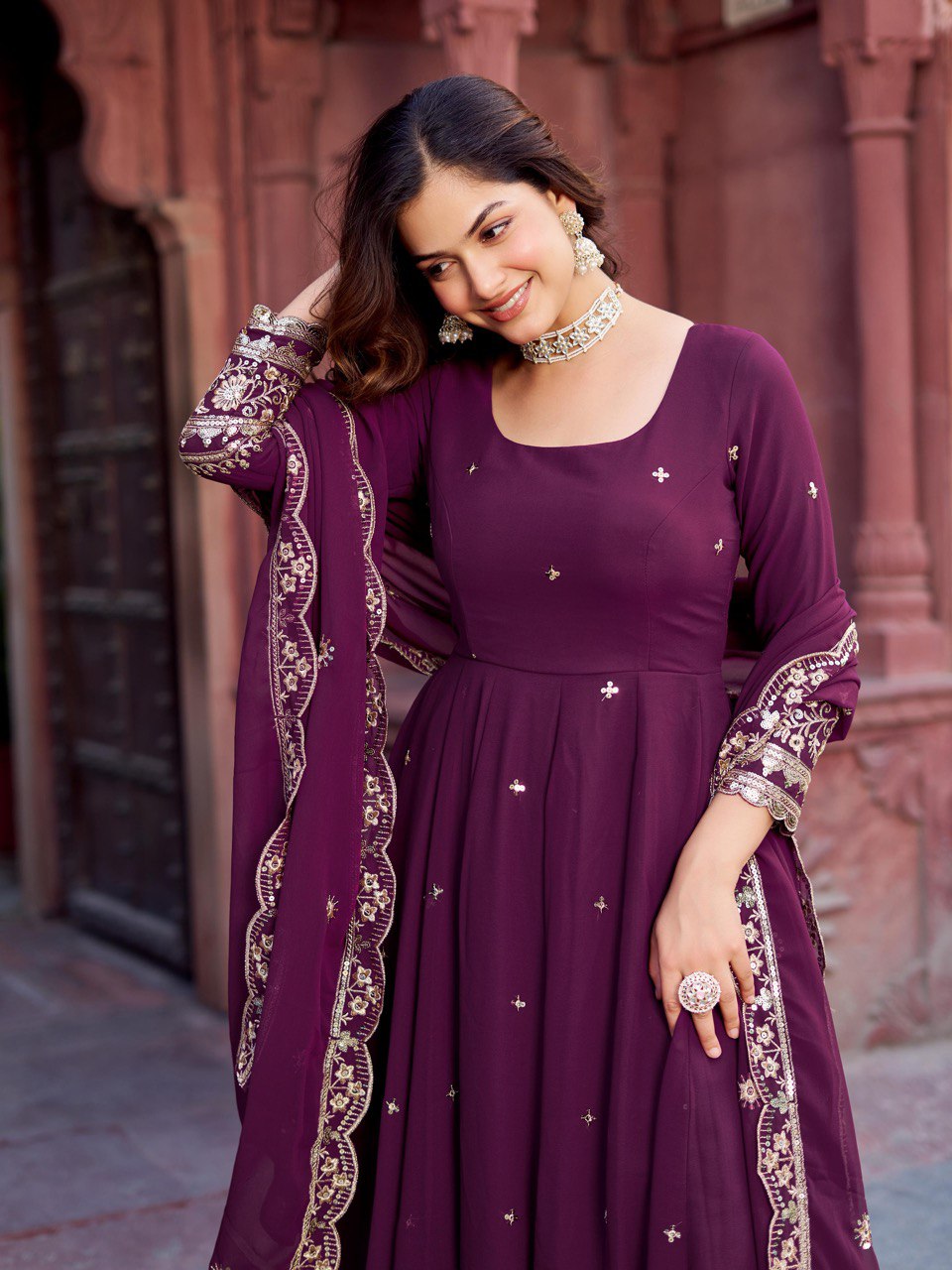 Outstanding Wine Color Georgette Gown With Dupatta