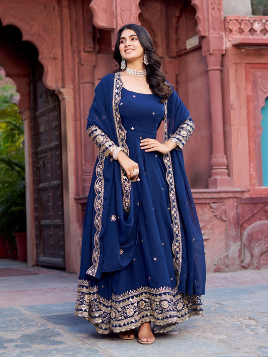 Outstanding Navy Blue Color Georgette Gown With Dupatta