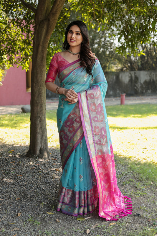 Festive Wear Sky Blue Color Designer Organza Saree