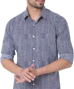 Men Slim Fit Dark Blue Spread Collar Printed Shirt