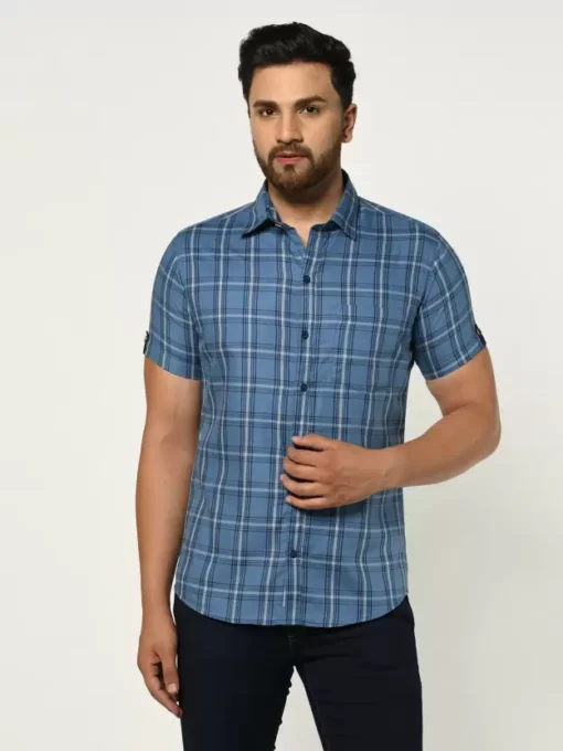 Men Slim Fit Light Blue Checkered Spread Collar Casual Shirt