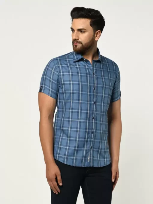 Men Slim Fit Light Blue Checkered Spread Collar Casual Shirt side